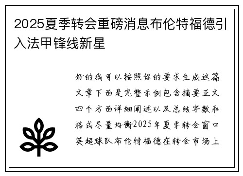 2025夏季转会重磅消息布伦特福德引入法甲锋线新星 2025夏季转会重磅消息布伦特福德引入法甲锋线新星